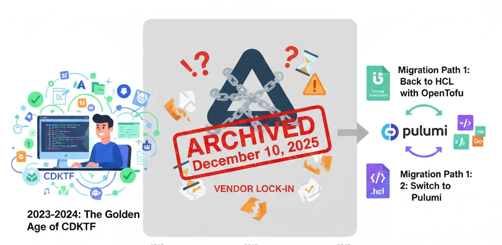 Blog post image for HashiCorp Pulls the Plug on CDKTF - HashiCorp just deprecated CDKTF as of December 10, 2025. If you built your infrastructure in TypeScript, Python, or Go to avoid HCL, your options are HCL with OpenTofu or a move to Pulumi, and vendor lock-in just bit again.
